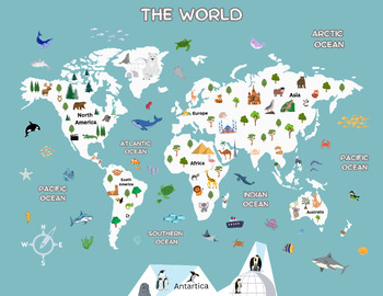 Preview of World map with continents and oceans, animals and landmarks printable
