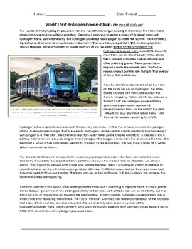 Preview of World’s First Hydrogen-Powered Train Line Reading and Reflection
