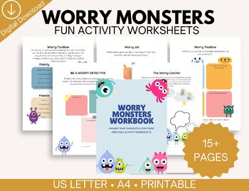 Preview of Worry Monster Activity book, worksheets, manage worries, anxiety relief