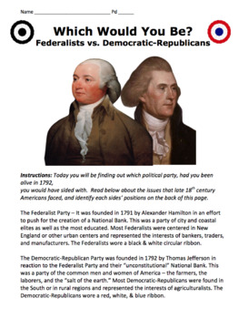 Preview of Would You Have Been a Federalist or a Democratic-Republican? / Politics Activity