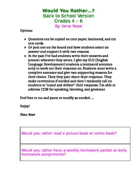 Preview of COPY & PASTE: Would You Rather? Back to School Version / Oral Language