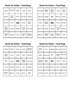 Would You Rather - Food Choices Bingo - (100) Different Cards - Print ...