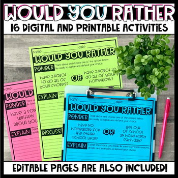 Preview of Would You Rather Prompts - Digital and Printable Activities - Writing