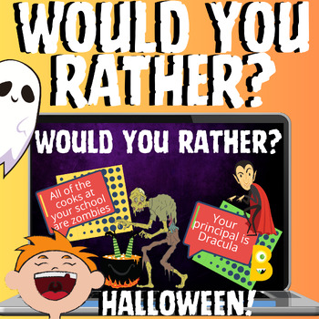 Preview of Would You Rather Halloween Activities Questions Prompts ELA Slides October