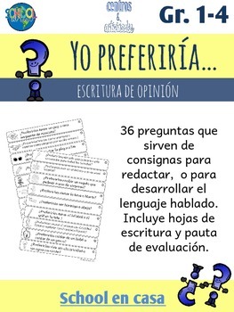 Preview of Spanish Opinion Writing Prompts: Would You Rather? Que preferirias? Escritura