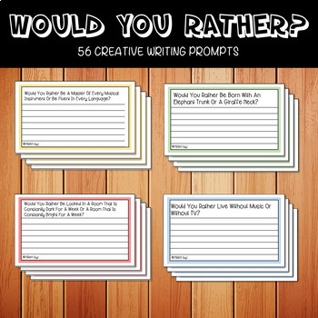 Preview of Would You Rather Writing Prompts Task Cards and Presentation x 56