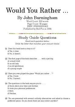 Preview of Would You Rather … by John Burningham; Multiple-Choice Study Guide Quiz
