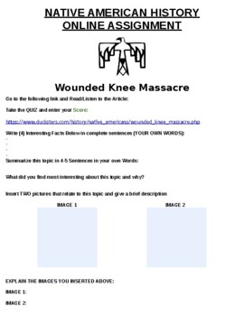 Preview of Wounded Knee Massacre Online Assignment W/ Online Article (Word)