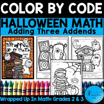 Preview of Halloween Math Color By Number Code Addition Coloring Pages - Adding 3 Addends