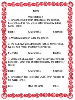 Preview of Wreck it Ralph Potential Energy Worksheets
