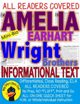 Preview of Wright Brothers Amelia Earhart Kitty Hawk Close Reading 5 Level Comp. Passages
