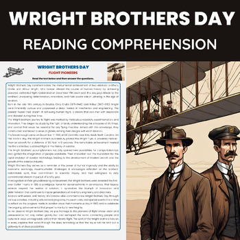 Preview of Wright Brothers Day Reading Comprehension Worksheet | Pan American Aviation Day