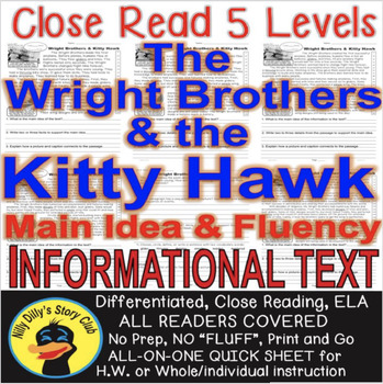 Preview of Wright Brothers & Kitty Hawk CLOSE READING 5 LEVELED PASSAGES Main Idea Fluency