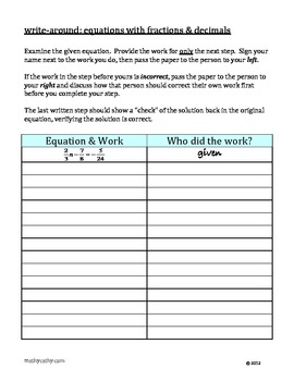 Preview of "Write-Around" Solving Equations Fractions Decimals ENGAGE STUDENTS