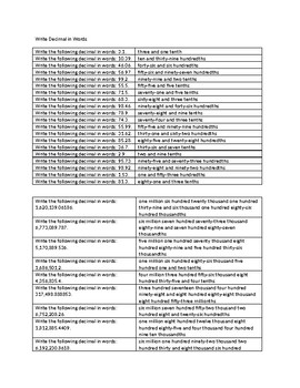 Preview of Write Decimal in Words