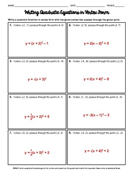 Preview of Write Quadratic Equations in Vertex Form Given the Vertex and Point Worksheet