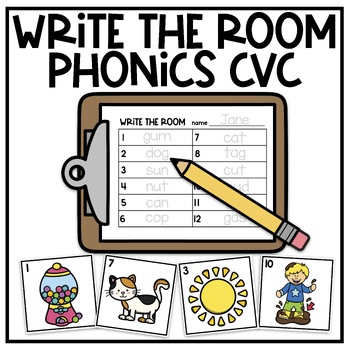 Preview of Write The Room Kindergarten Phonics CVC Task Cards Phonics Activity