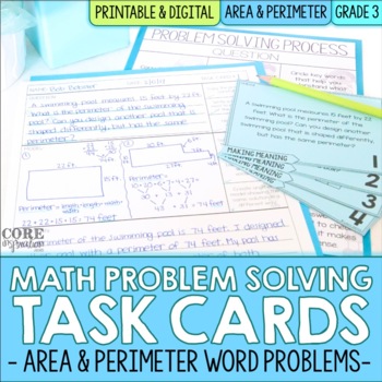 Preview of 3rd Grade Area and Perimeter Math Word Problem Task Cards | Print & Digital