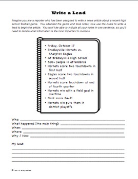"Write a Lead" Worksheet for Journalism Class - Learn to Write a News