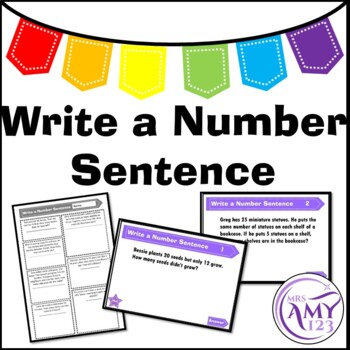 Preview of Write a Number Sentence - Problem Solving PowerPoint, Task Cards and Worksheet