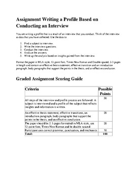 Preview of Write a Profile Essay Assignment Sheet and Rubric