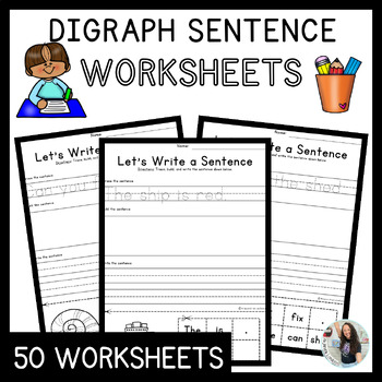 Preview of Write a Sentence with Digraphs : Trace, Build, & Write a Sentence Worksheet