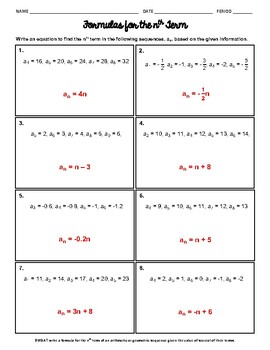 Preview of Write formula for nth term of Arithmetic / Geometric Sequences Worksheet
