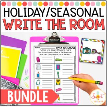 Preview of Holidays and Seasonal Write the Room Activity Bundle | Kindergarten ELA & Math
