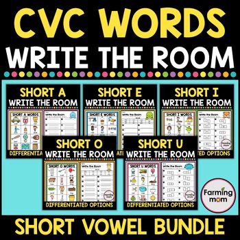 Preview of Write the Room CVC Word Practice Short Vowels Phonics Review Activity Bundle