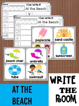 Preview of Write the Room Center : At the Beach, Cards, Flashcards, Response Pages, summer