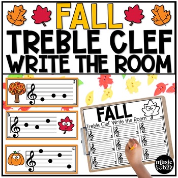 Preview of Fall Treble Clef Notes Music Write the Room Game & Scavenger Hunt for Autumn
