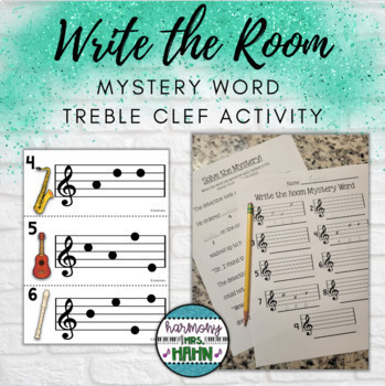 Preview of Write the Room Mystery Word Treble Clef Staff Activity