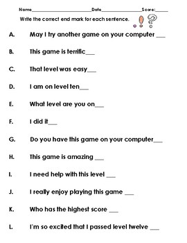 Preview of Punctuation Assessment: Write the correct end mark for each sentence