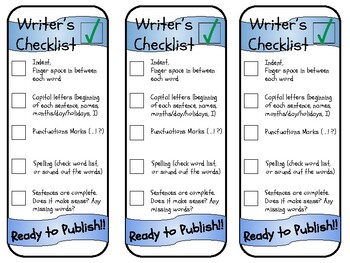 Writer's Checklist Bookmarks by Pitching in Primary | TPT