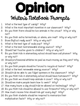 Writer's Notebook ~ 40 Opinion Writing Prompts by Smart Chick | TpT