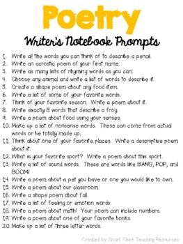 Writer's Notebook ~ 40 Poetry Writing Prompts by Smart Chick | TpT