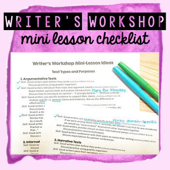 Preview of Writers Workshop Mini Lesson Checklist FREEBIE!