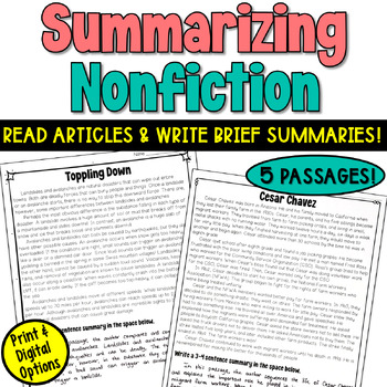 Preview of Summarizing Nonfiction Worksheets: Passages to Summarize Informational Texts