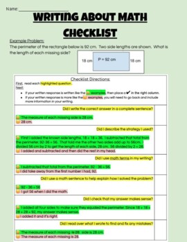 Preview of Writing About Math Checklist (PDF or TPT Digital Activity)