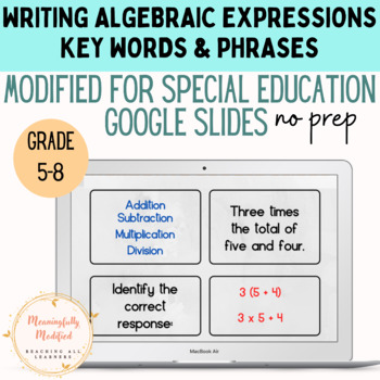 Preview of Writing Algebraic Expressions (Key Words & Phrases) - Modified for Special Ed