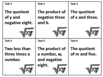 Preview of Writing Algebraic Expressions Task Cards and Game Board