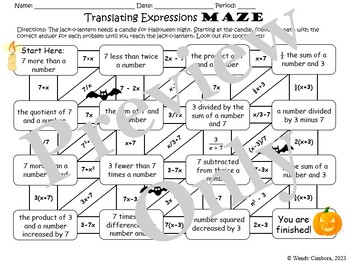 Preview of Writing Algebraic Expressions (Translating Words to Math) Maze