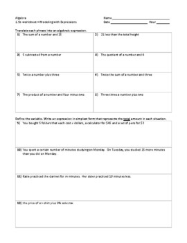 Preview of Writing Algebraic Expressions Worksheet and Answer Key (A1.5b)