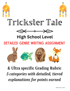 Preview of Writing Assignment: Trickster Tale, detailed high school level plus rubric
