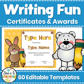 Preview of Writing Awards | Editable Writing Awards | Writing Certificate | Pencil Theme