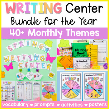 Preview of Writing Center Bundle - Writing Prompts, Activities, Poster - 40+ Monthly Themes