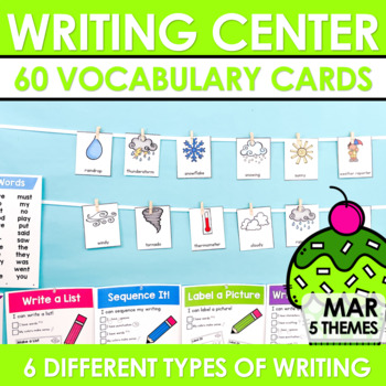 Preview of Writing Activities with Vocabulary Cards for March Writing Center | K and 1st