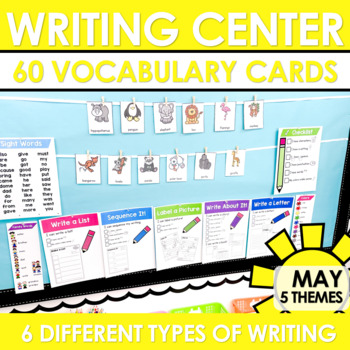 Preview of May Writing Center with Themed Vocabulary Cards and Summer Writing Activities