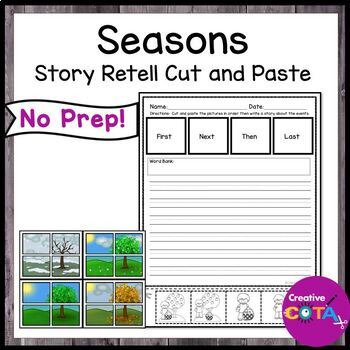 Preview of Winter Spring Summer Fall Story Sequence Writing Center Worksheets Cut &  Paste
