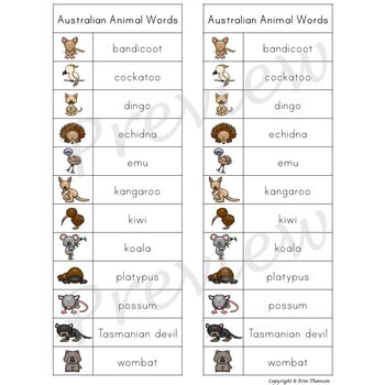 Writing Center Word List ~ Australian Animal Words | TpT